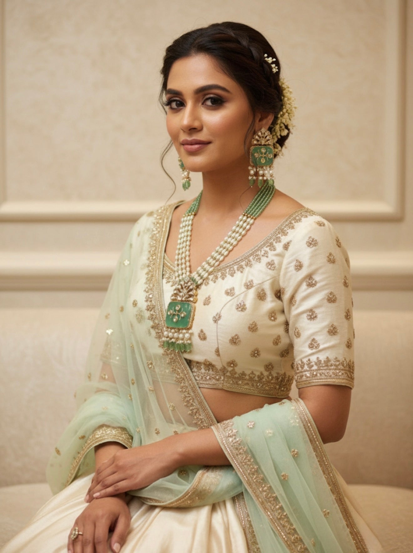 Royal Green Stone & Pearl Necklace Earrings Set