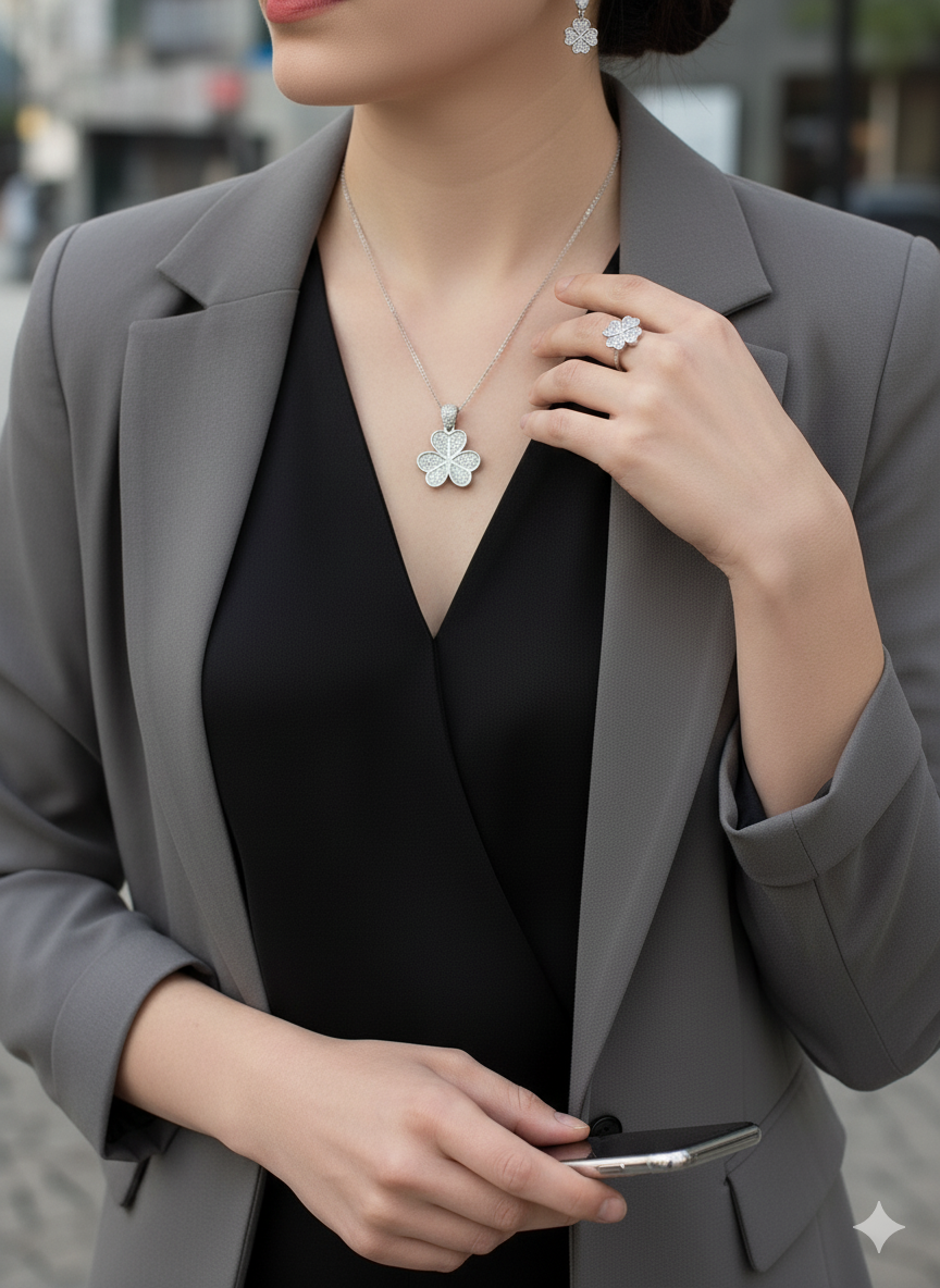 925 Sterling Silver Hallmarked Four-Leaf Clover Jewellery Set – Pendant, Earrings & Ring