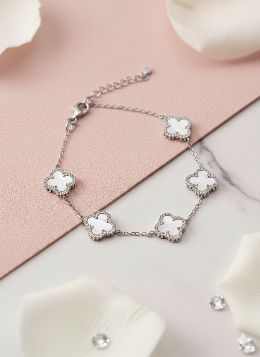 925 Sterling Silver Hallmarked Clover Bracelet with Mother of Pearl