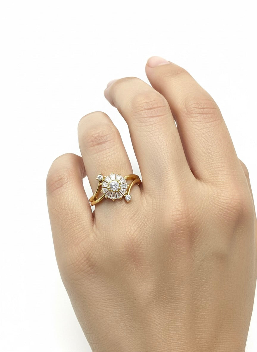 Adjustable Floral CZ Ring – Gold Finish
