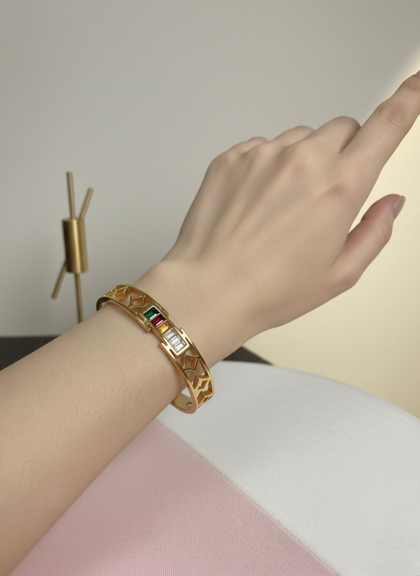 Gold-Plated Multicolour Gemstone Bangle Bracelet