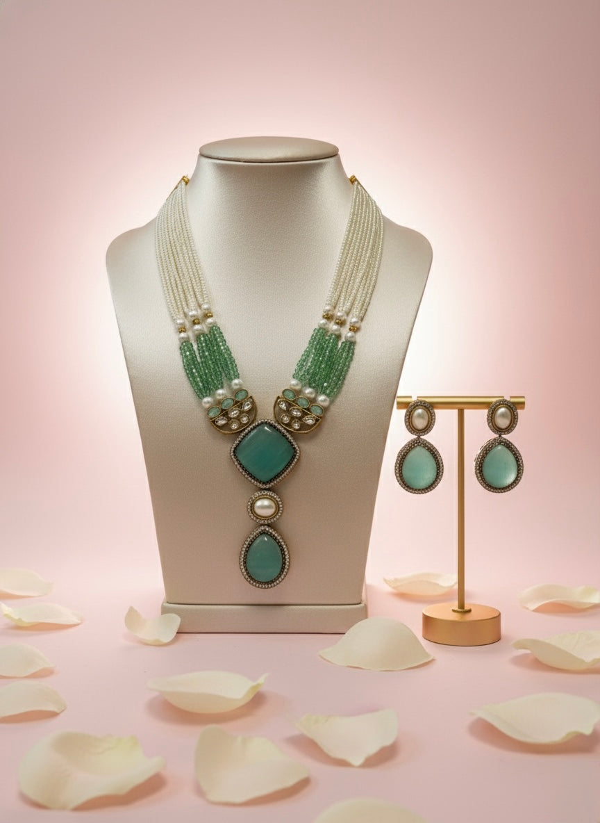 Mint Green Kundan Necklace and Earrings Jewellery Set