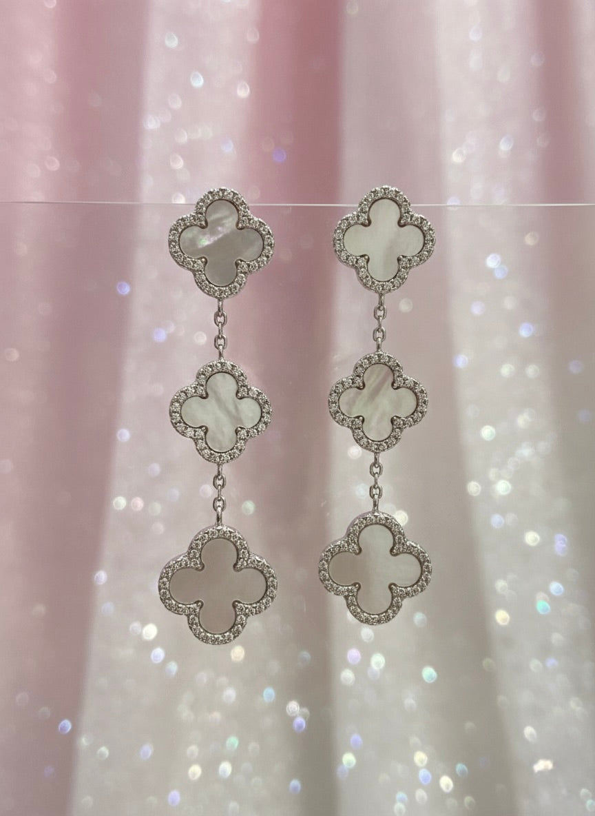 Silver Clover Drop Earrings with Mother of Pearl & Cubic Zirconia