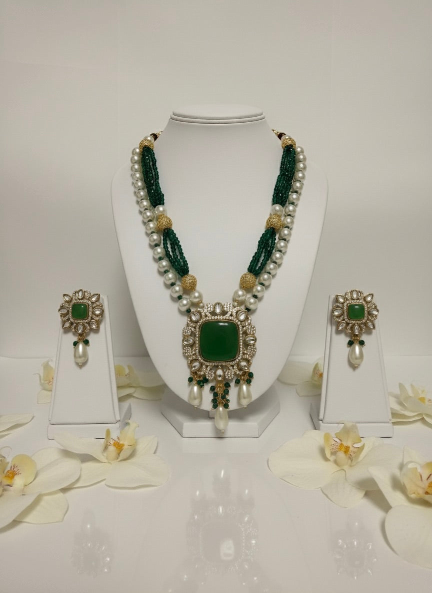 Bottle Green & Pearl Layered Necklace Set