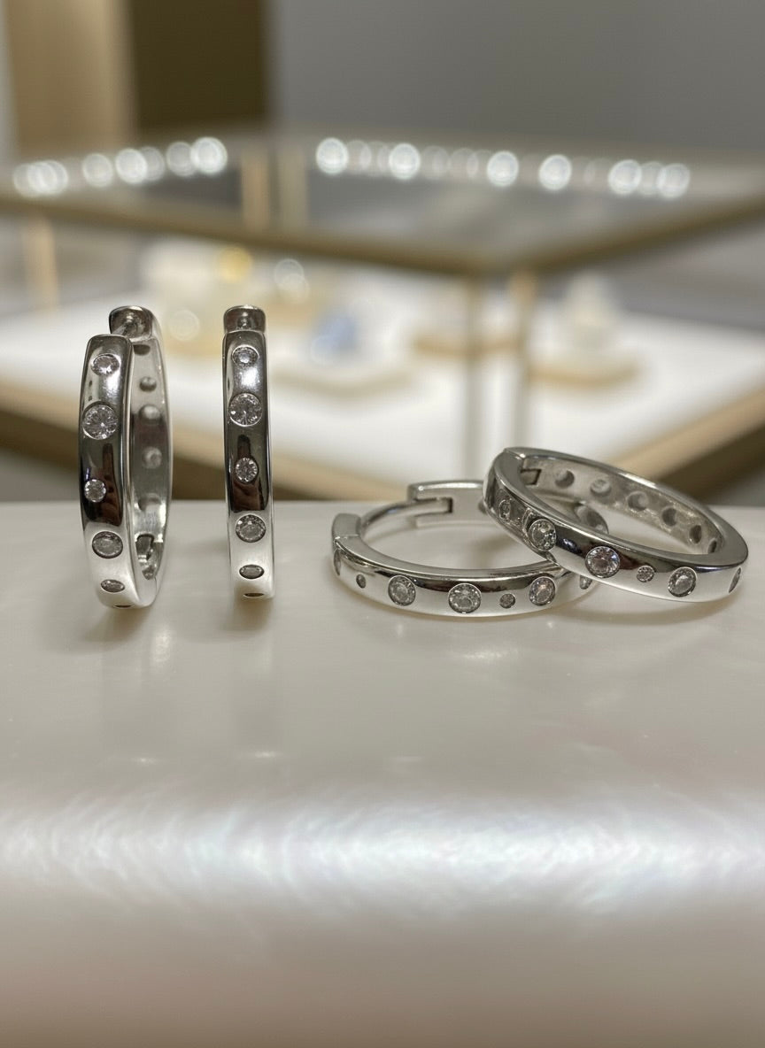 Silver Diamond-Effect Hoop Earrings