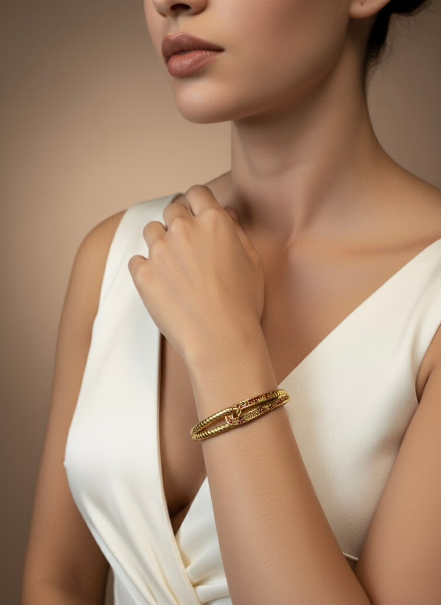 Gold-Plated Ruby Stone Designer Bangle Bracelet