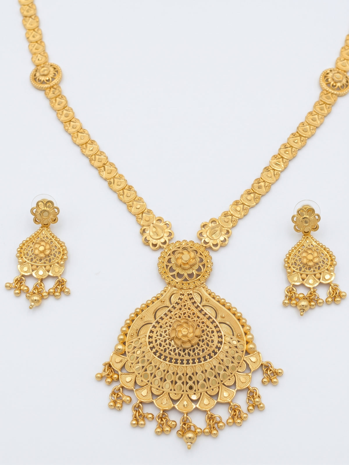Gold Tone Traditional Long Necklace & Earrings Set – Statement Indian Jewellery