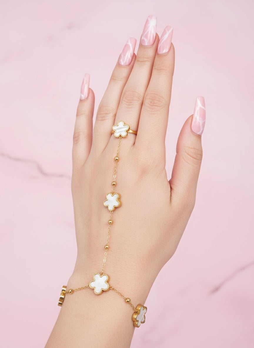 Elegant Clover Hand Chain Bracelet – Gold Plated | Tarnish-Free | Premium Mother of Pearl Finish