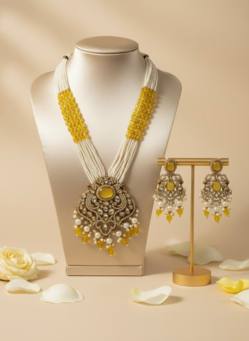 Yellow & Pearl Kundan Necklace Set