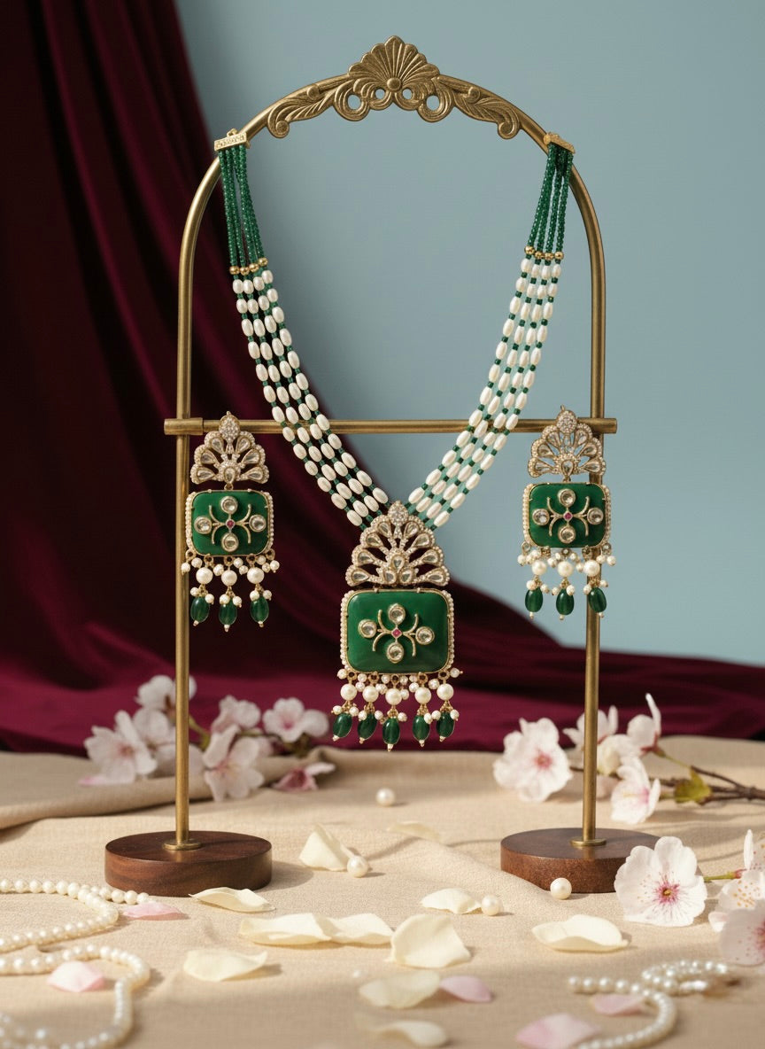 Emerald Green Kundan Pearl Necklace Set