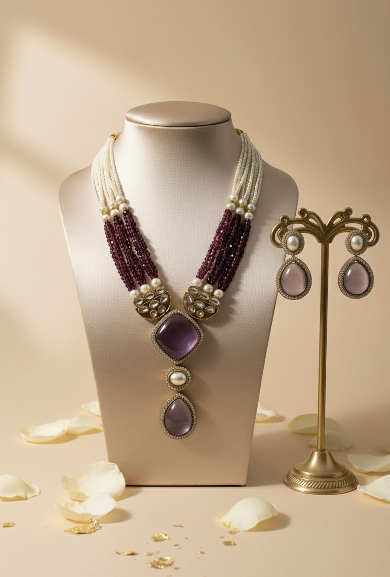 Purple Kundan Necklace and Earrings Jewellery Set