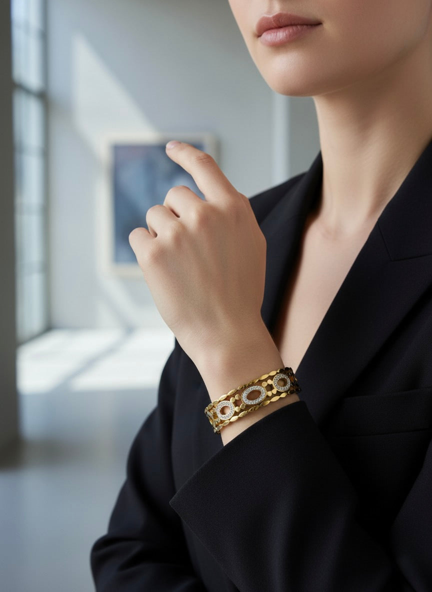 Gold Geometric Oval Crystal Bangle – Designer Style | Tarnish-Free | Premium Finish