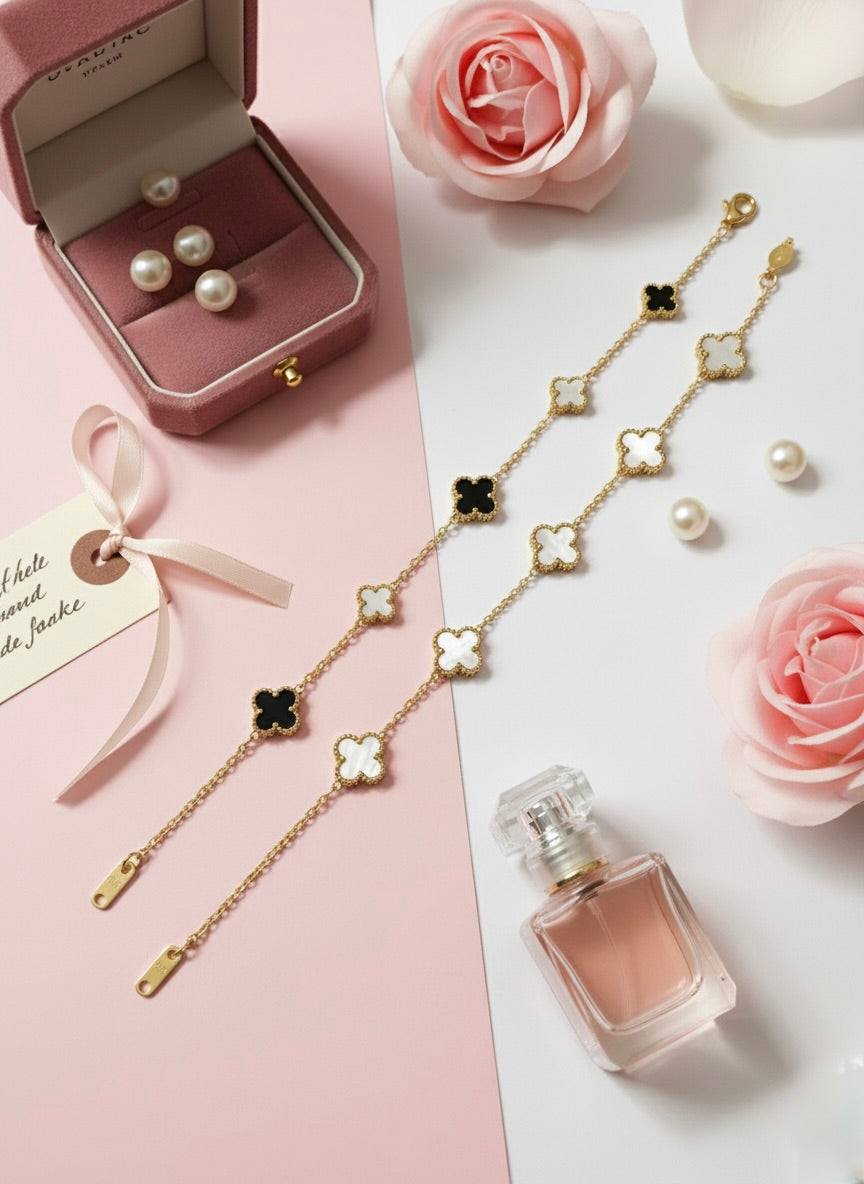 Black & White Clover Bracelet Combo – Luxury Gold Finish (Set of 2)