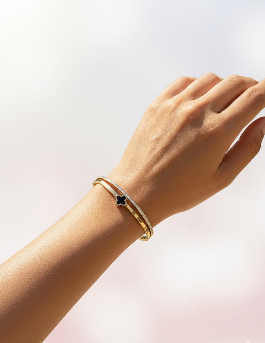 Black Clover Bangle Bracelet – Dual Band Gold Finish