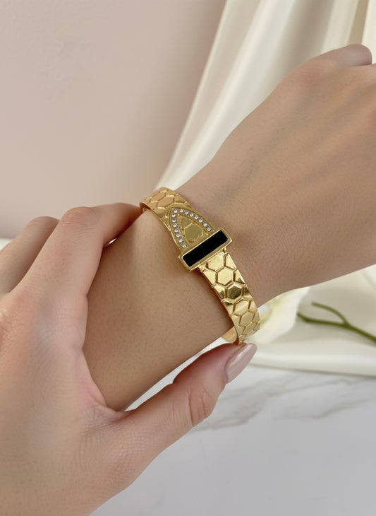 Black Enamel Belt Design Bangle Bracelet – Luxury Gold Finish