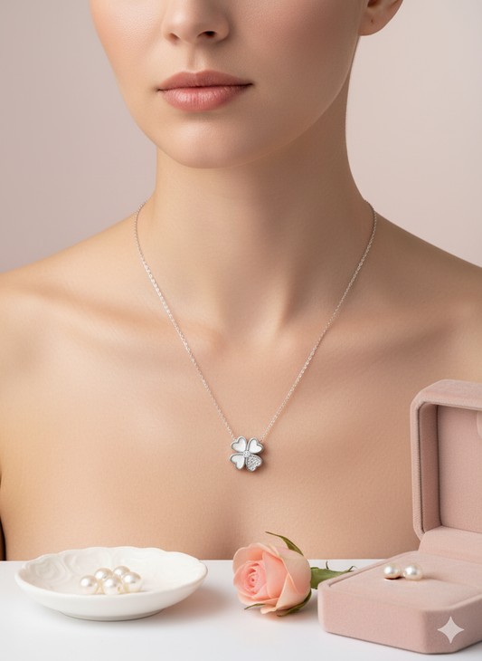 925 Sterling Silver Hallmarked Four-Leaf Clover Pendant Necklace with Mother of Pearl