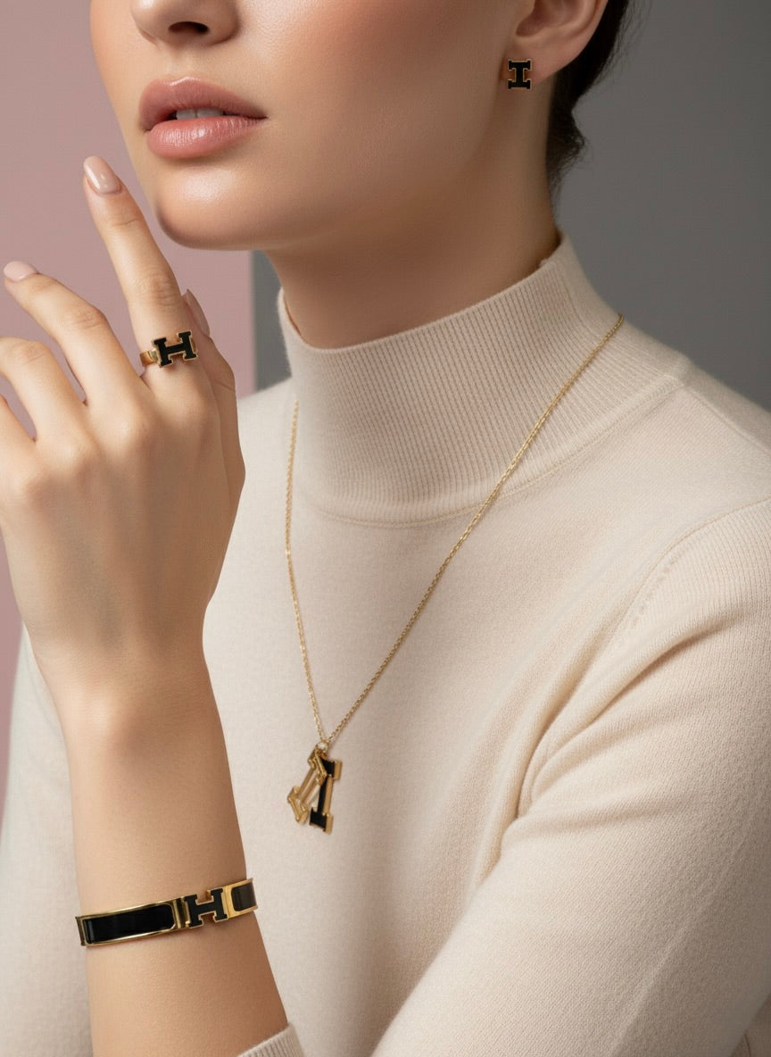 Luxury Black & Gold Jewellery Set – 4 Pieces | Tarnish-Free | Premium Designer Finish