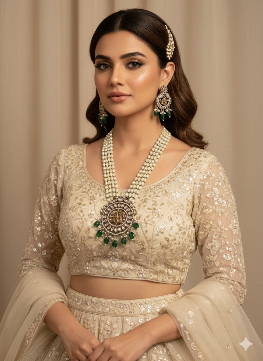 Regal Green Pearl Temple Jewellery Set