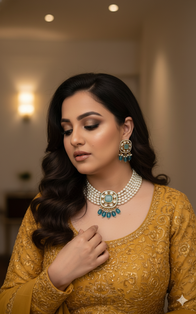 Aqua Blue Kundan Pearl Choker Necklace Set