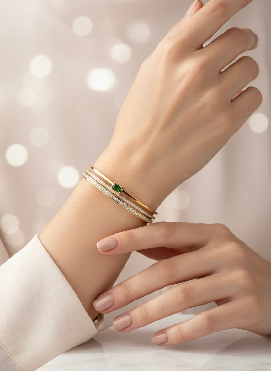 Gold-Plated Emerald & Diamond-Inspired Bangle