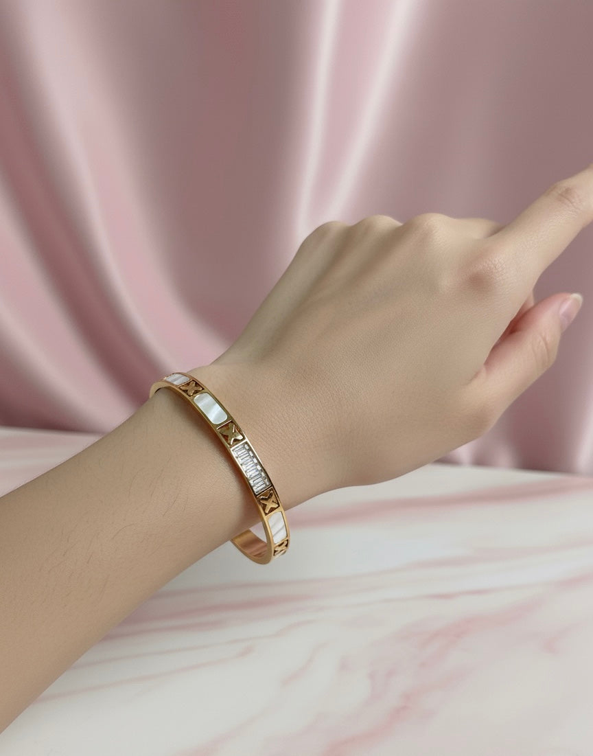 Butterfly & Crystal Inlay Bangle Bracelet – Mother of Pearl & Gold Finish