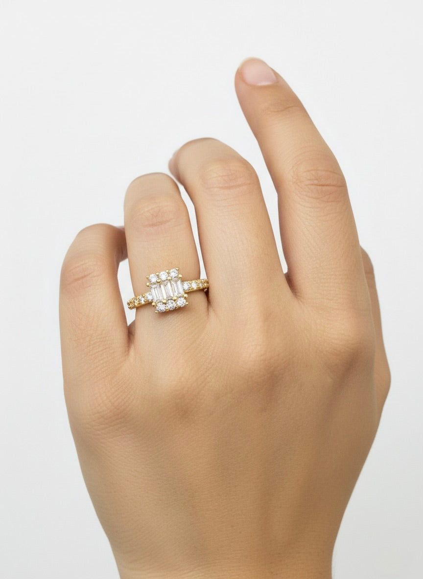 Adjustable Emerald-Cut CZ Halo Ring – Gold Finish