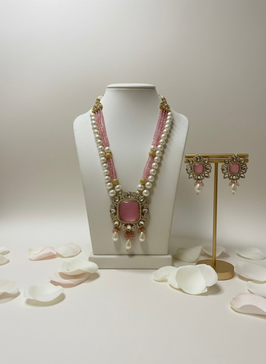 Pink Kundan Necklace and Earrings Jewellery Set