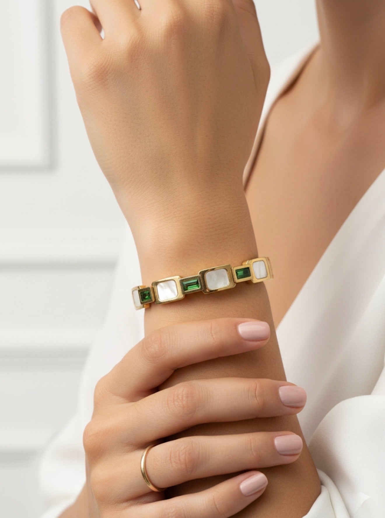 Emerald & Mother of Pearl Bangle Bracelet – Luxury Gold Finish