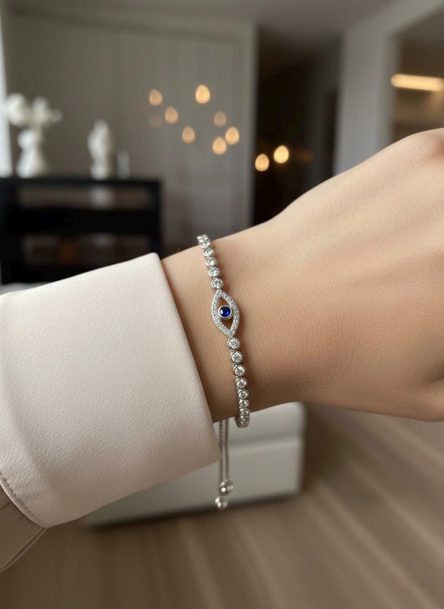 Handmade 925 Sterling Silver Evil Eye Bracelet with CZ Stones