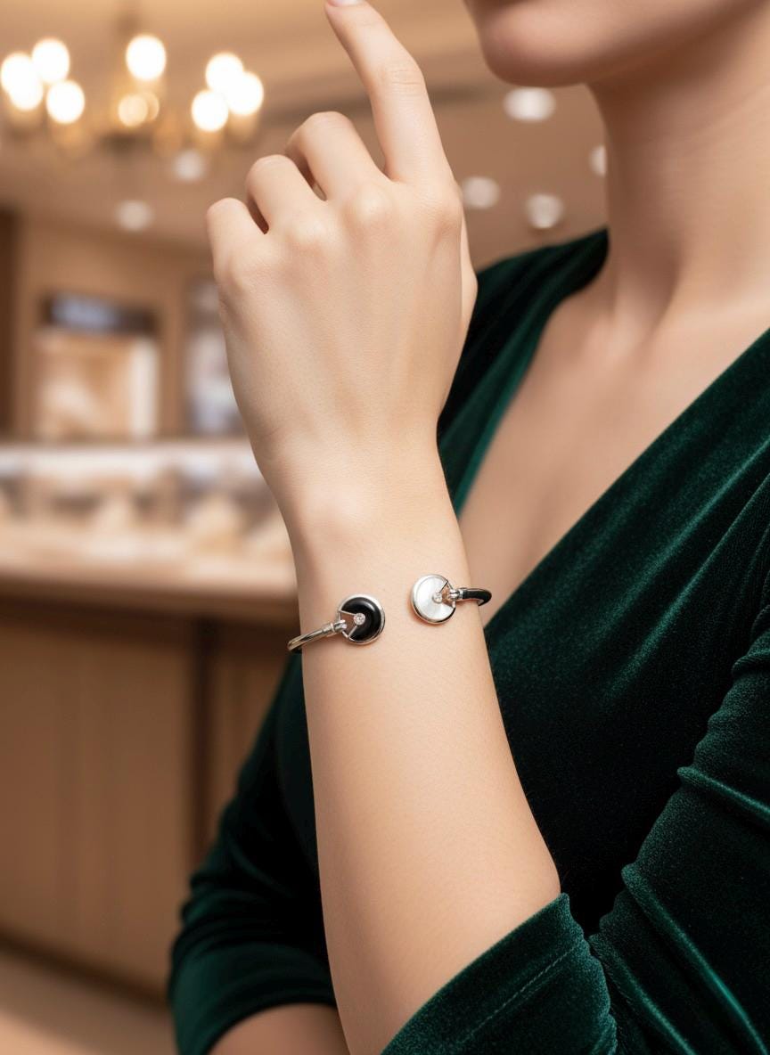 Handmade 925 Sterling Silver Open Bangle Bracelet | Black & White Stone Cuff | Hallmarked Minimalist Jewellery