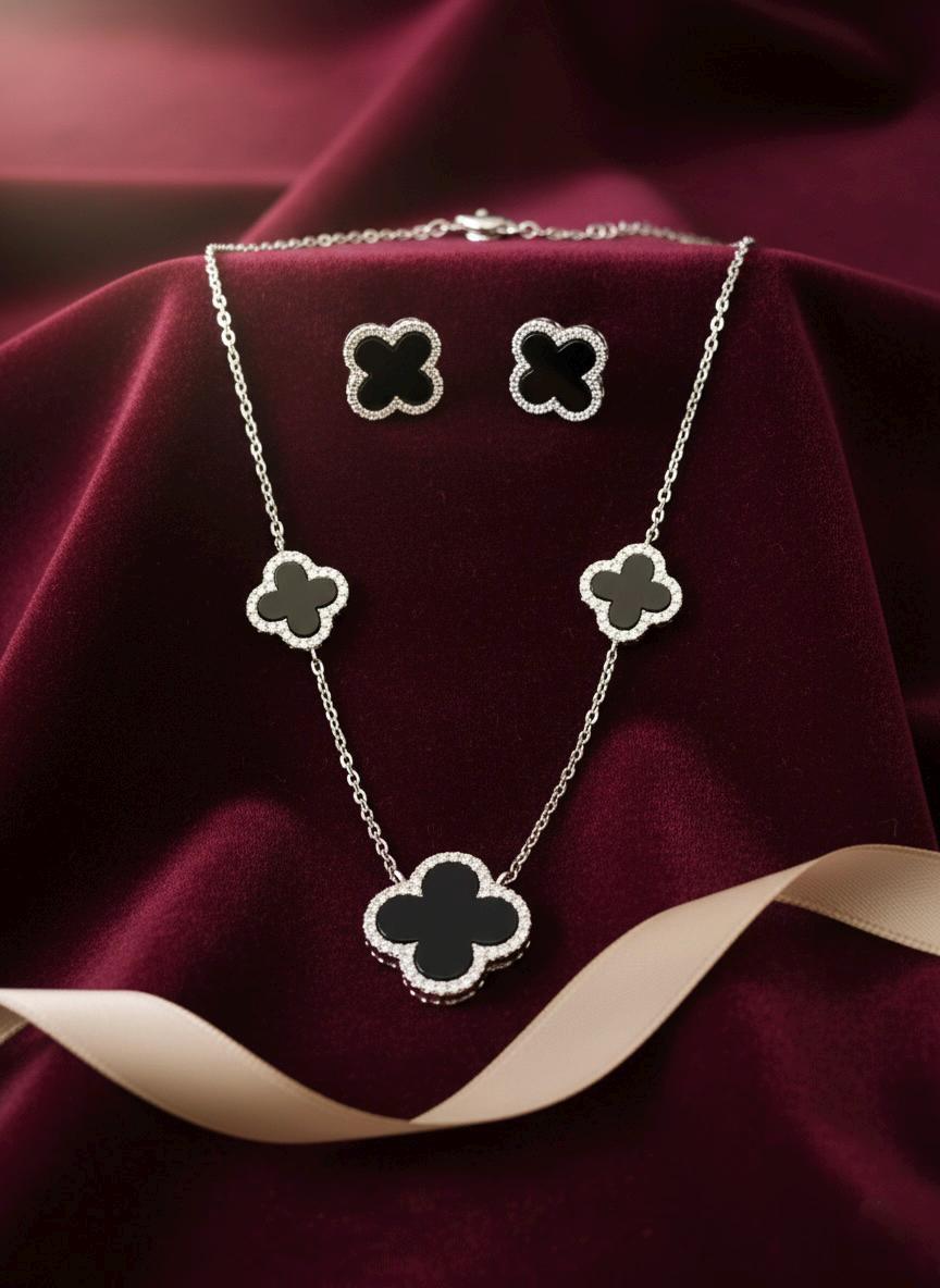 Handmade Hallmarked 925 Sterling Silver Black Clover Necklace & Earrings Set