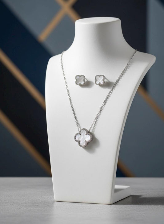 Handmade Hallmarked 925 Sterling Silver Mother of Pearl Clover Necklace & Earrings Set