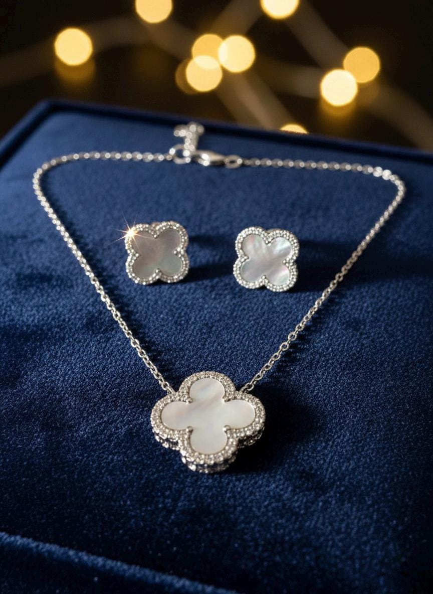 Handmade Hallmarked 925 Sterling Silver Mother of Pearl Clover Necklace & Earrings Set