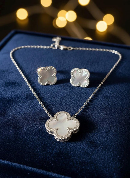 Handmade Hallmarked 925 Sterling Silver Mother of Pearl Clover Necklace & Earrings Set