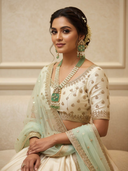 Royal Green Stone & Pearl Necklace Earrings Set