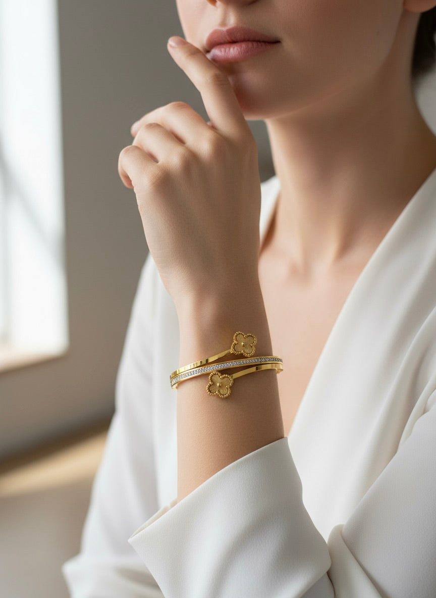 Gold Clover Crystal Bangle – Premium Finish | Tarnish-Free | Elegant Designer Style