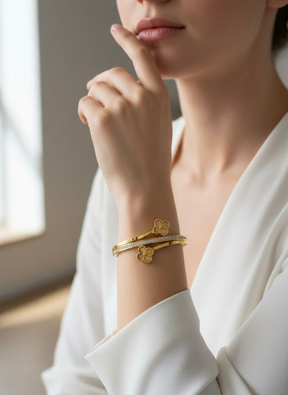 Gold Clover Crystal Bangle – Premium Finish | Tarnish-Free | Elegant Designer Style