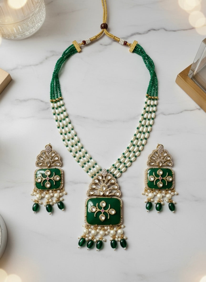 Emerald Green Kundan Pearl Necklace Set