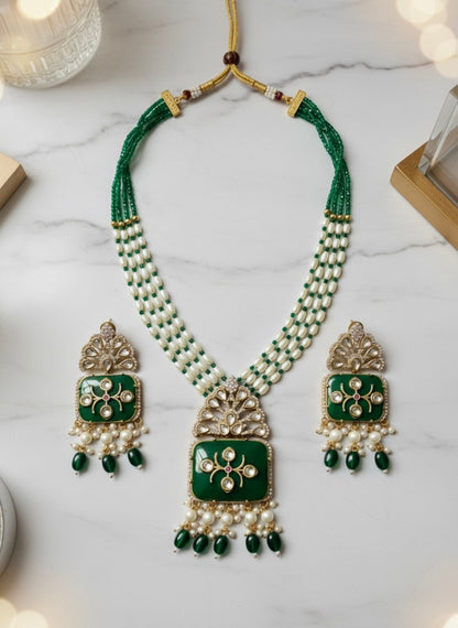 Emerald Green Kundan Pearl Necklace Set