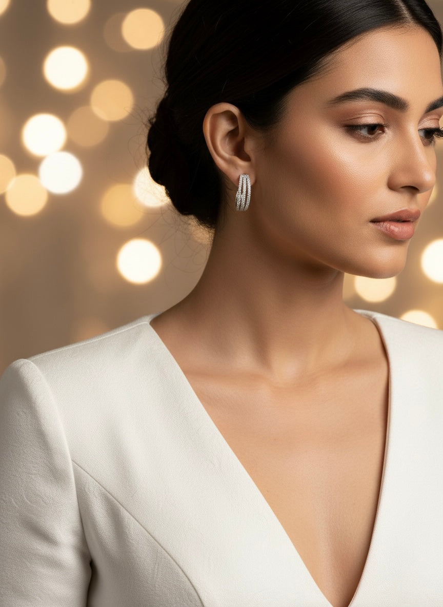 Triple Row Hoop Earrings with Cubic Zirconia