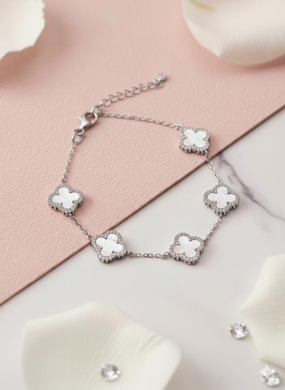 925 Sterling Silver Hallmarked Clover Bracelet with Mother of Pearl