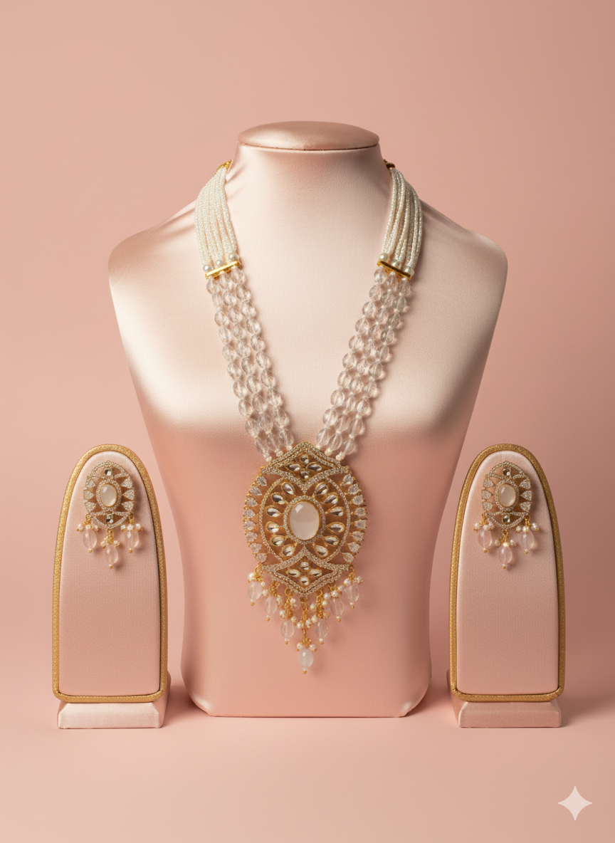 White Crystal Kundan Pearl Necklace Set