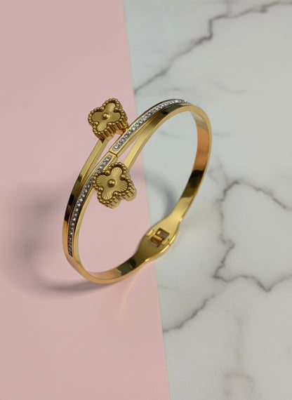 Gold Clover Crystal Bangle – Premium Finish | Tarnish-Free | Elegant Designer Style