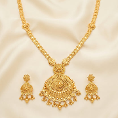 Gold Tone Traditional Long Necklace & Earrings Set – Statement Indian Jewellery