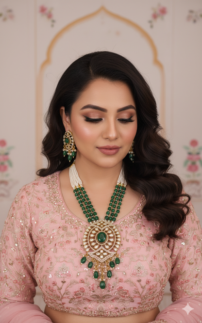 Emerald Green Kundan Pearl Necklace Set