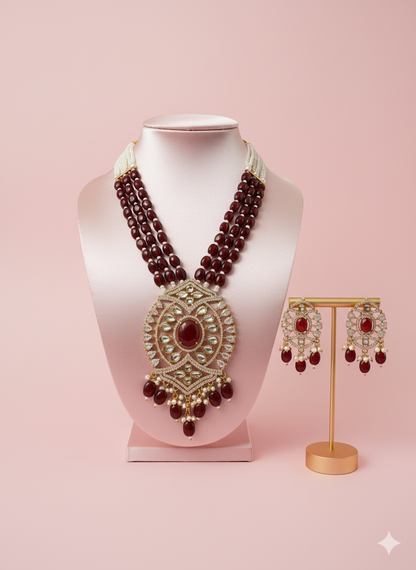 Maroon Kundan Pearl Necklace Set
