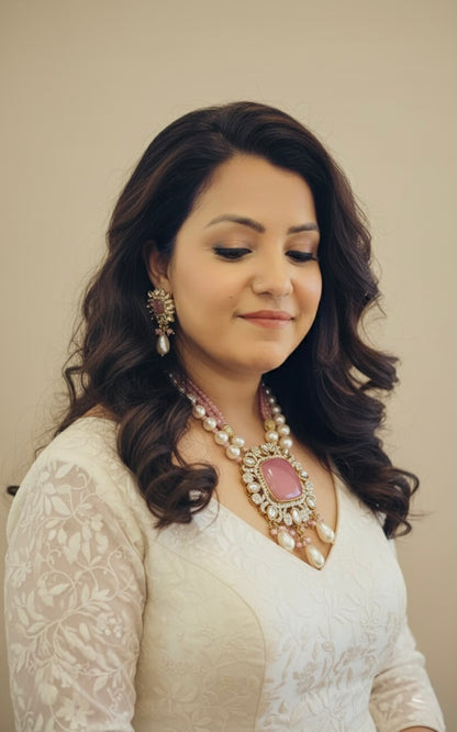 Pink Kundan Necklace and Earrings Jewellery Set