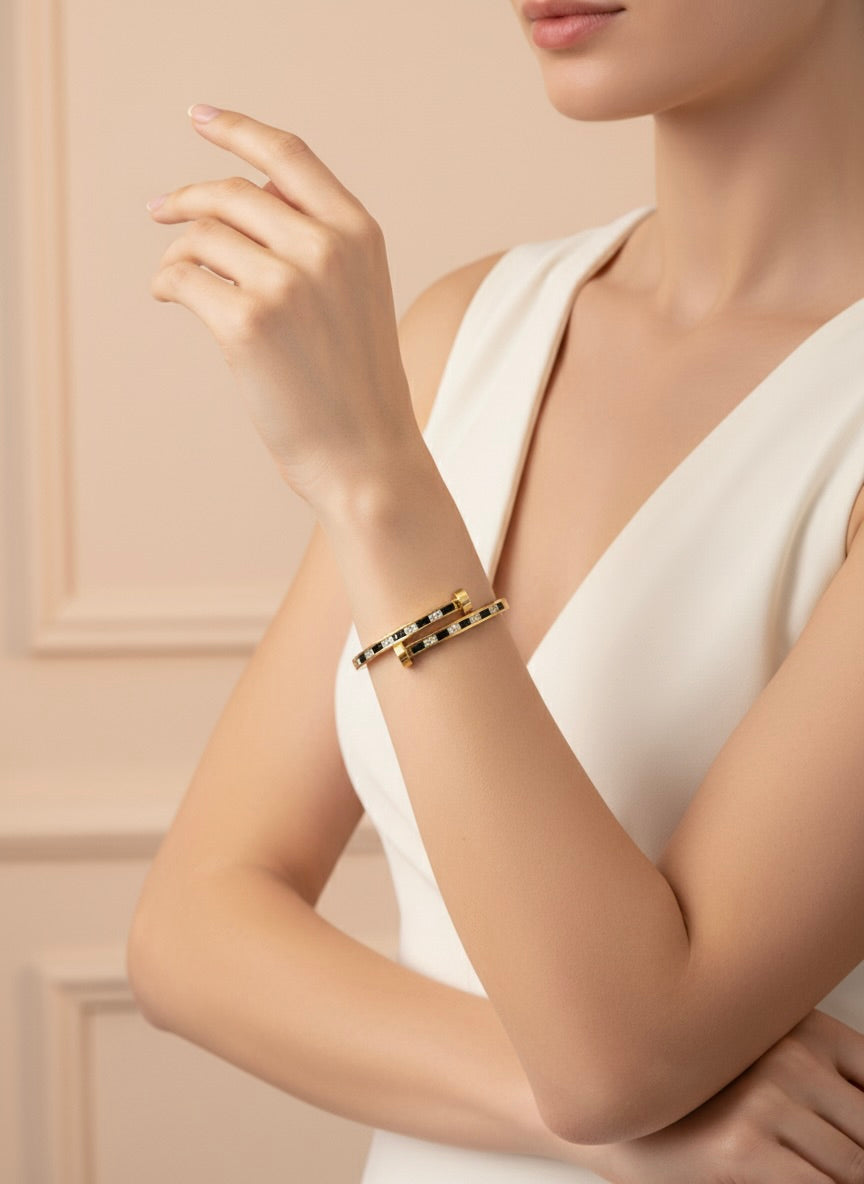 Elegant Gold-Plated Black & White Stone Bangle