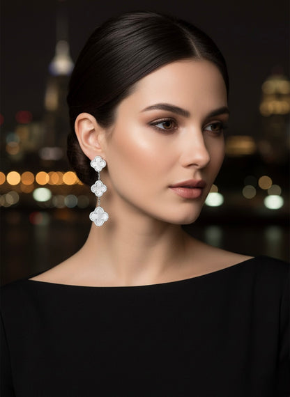 Silver Clover Drop Earrings with Mother of Pearl & Cubic Zirconia