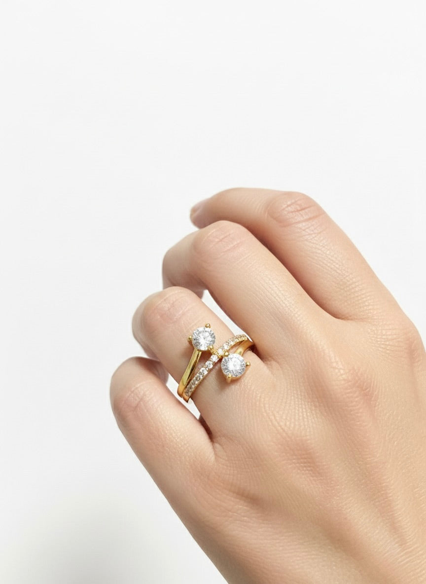 Adjustable Double-Solitaire CZ Ring – Gold Finish